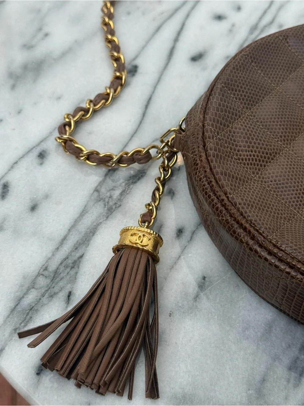 Vintage Chanel Brown Lizard ‘Round as Earth’ Shoulder Bag w/ Tassel Pre 1986